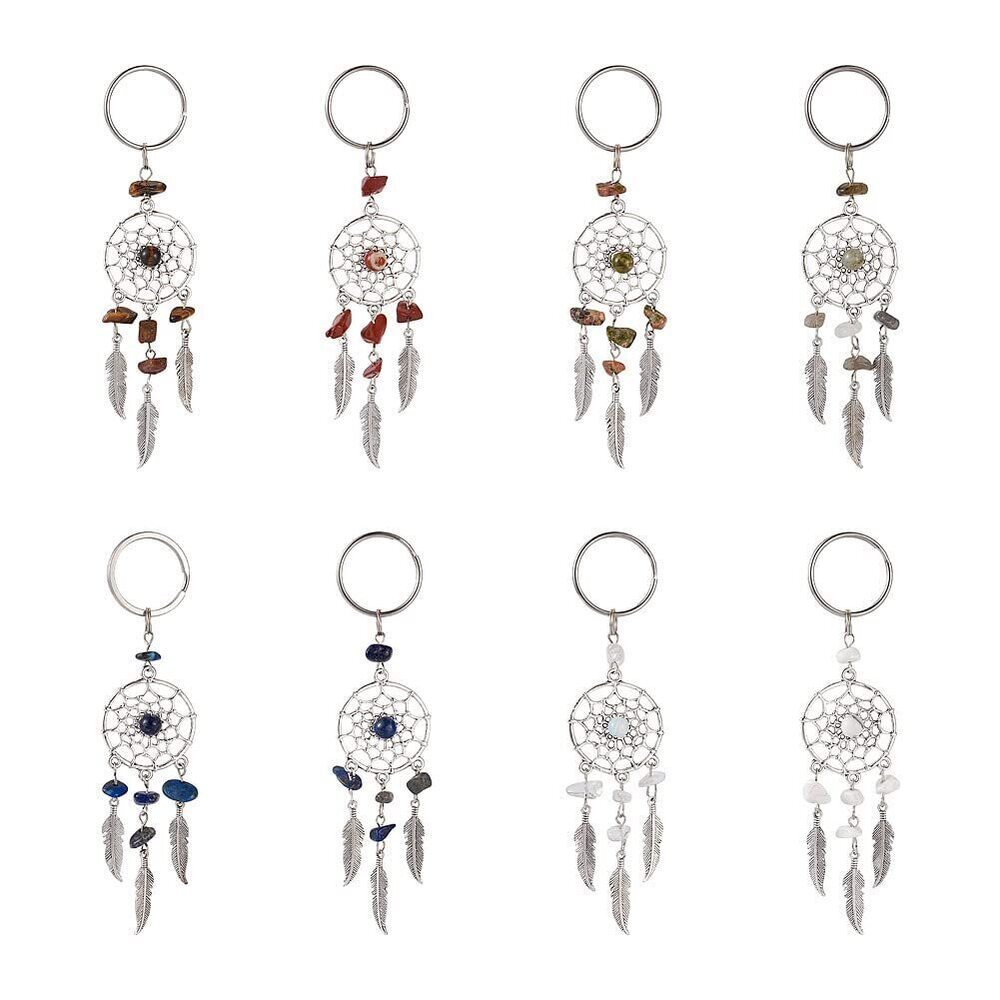 7762 16pcs Mixed Gemstone Net Web with Feather Key chains Crystal Dangle